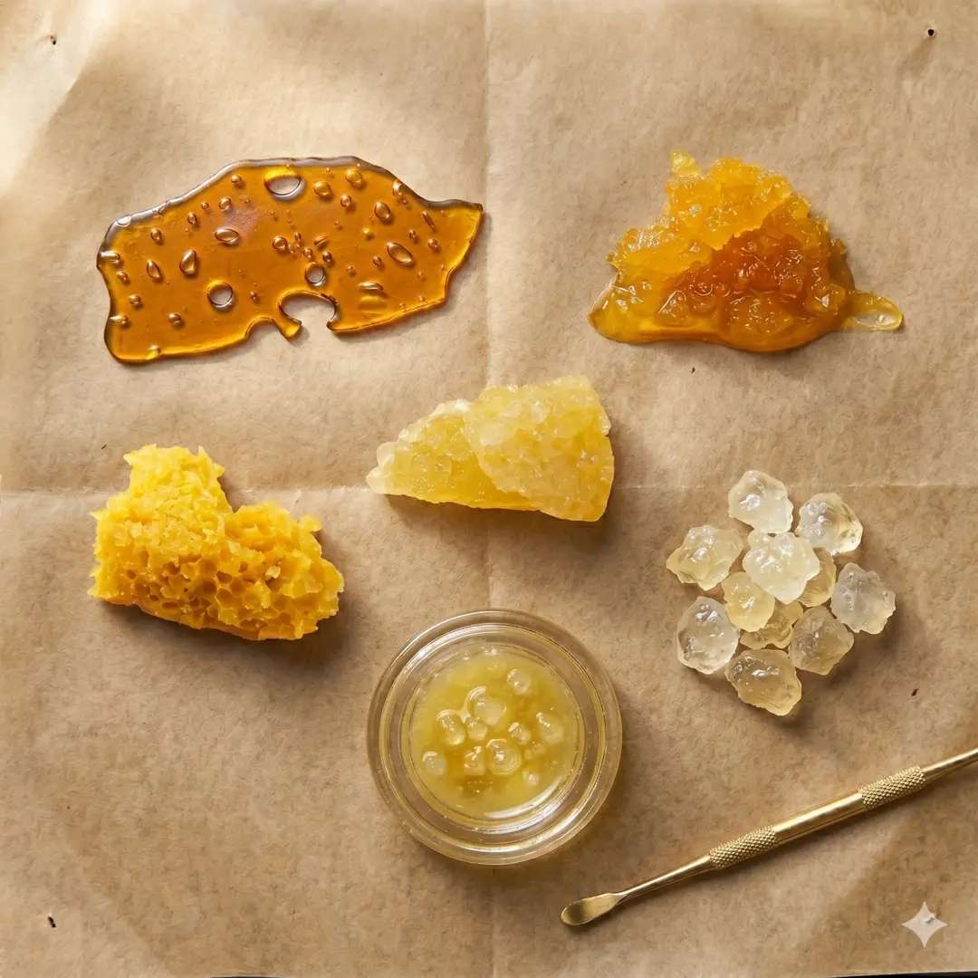 Assortment of cannabis concentrates including shatter, wax, budder, and live resin.