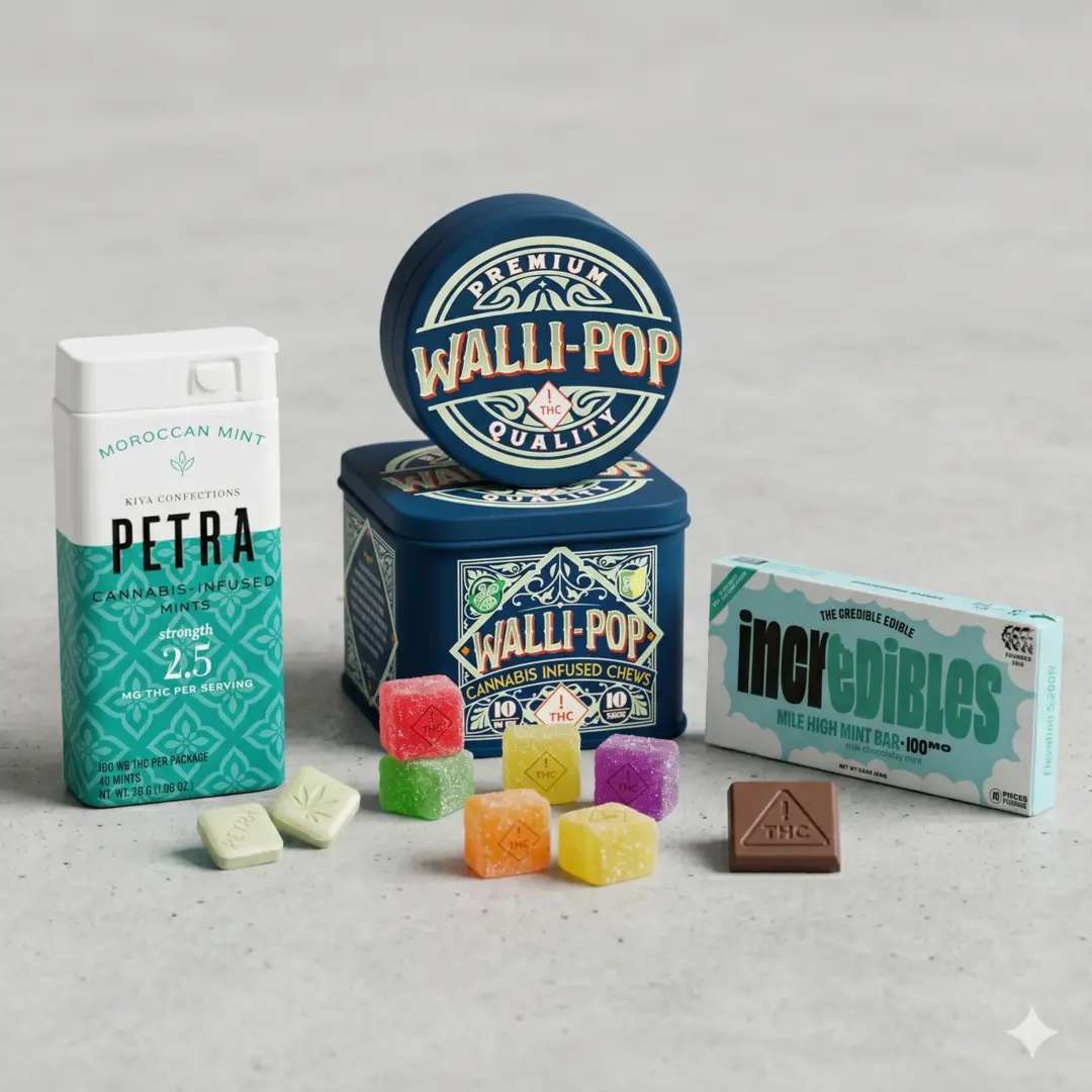 Variety of cannabis edibles including gummies, chocolates, and mints.