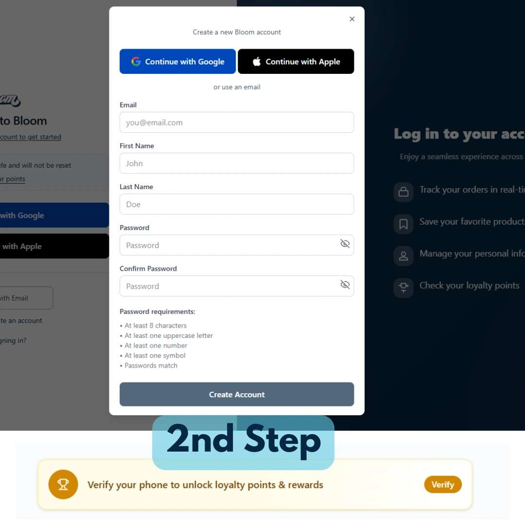 bloom marijuana account creation form for bloom dispensaries and phone number verification banner for points and rewards