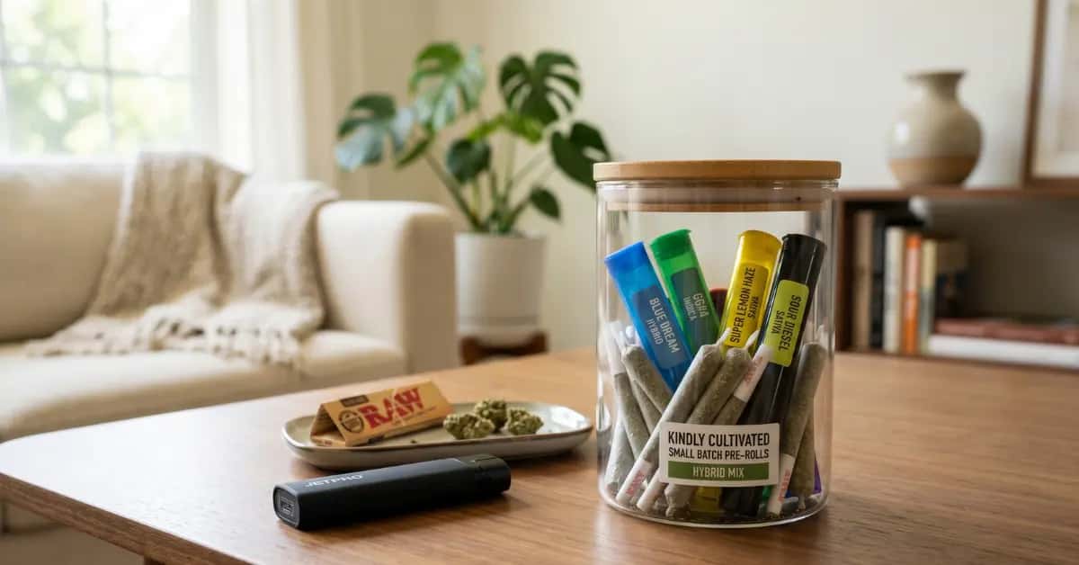 Collection of cannabis pre-rolls displayed in glass jar and protective tubes.