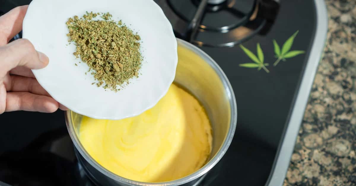 Cannabis cooking ingredients and equipment for making cannabutter at home.