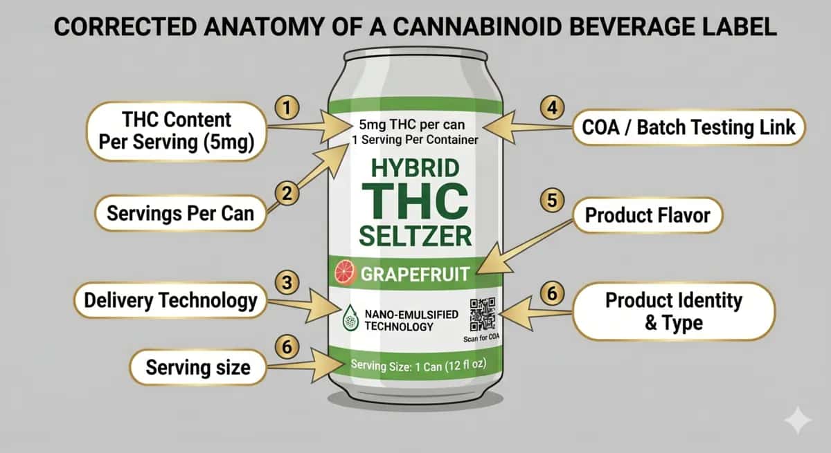 Annotated illustration of a THC drink can highlighting six key label elements including dose per serving, nano-emulsification, cannabinoid profile, and third-party testing