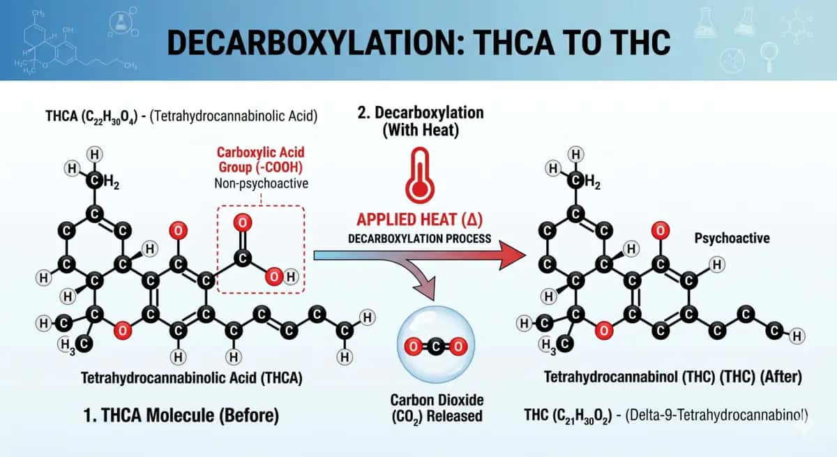 arboxylation chemical diagram showing THCA converting to THC.