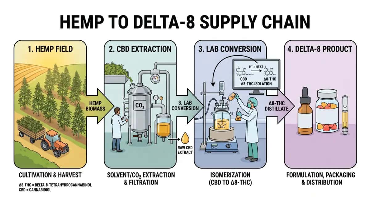 Diagram showing how delta-8 THC is made: hemp is cultivated, CBD is extracted, and CBD is chemically converted to delta-8 in a lab.
