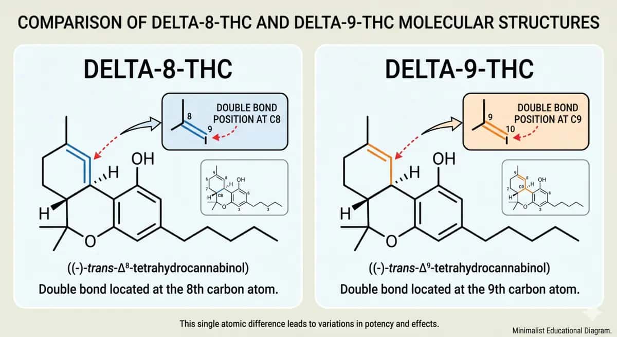 Side-by-side comparison of delta-8 THC and delta-9 THC molecular structures, highlighting the different double bond positions on carbon 8 versus carbon 9.