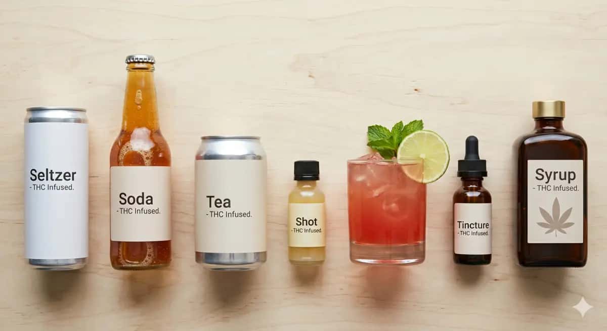 Overhead flat-lay showing seven types of THC drinks including seltzers, sodas, teas, shots, mocktails, tinctures, and syrups