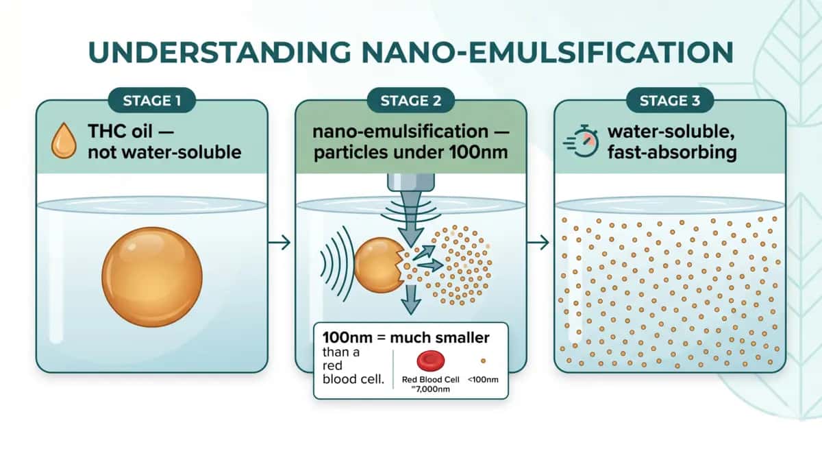 Three-stage diagram showing how nano-emulsification breaks THC oil into tiny water-soluble particles that disperse evenly through a drink
