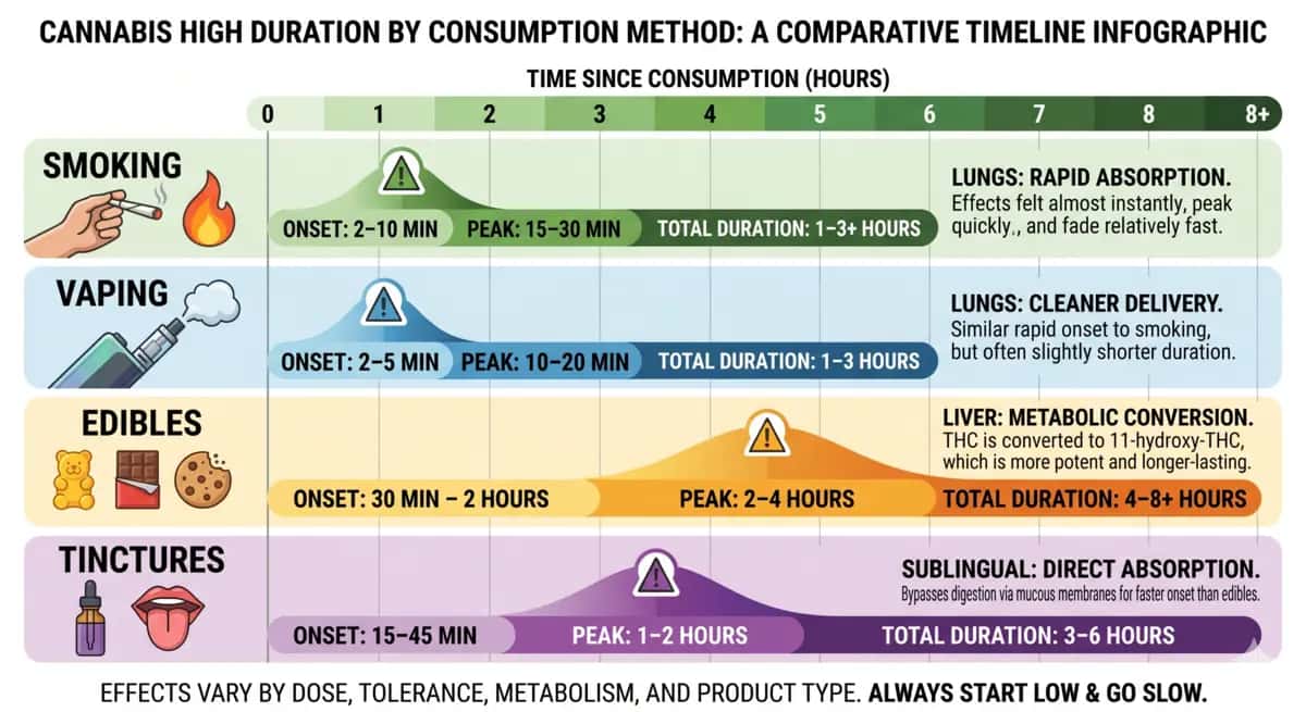Timeline chart comparing cannabis high duration by consumption method.