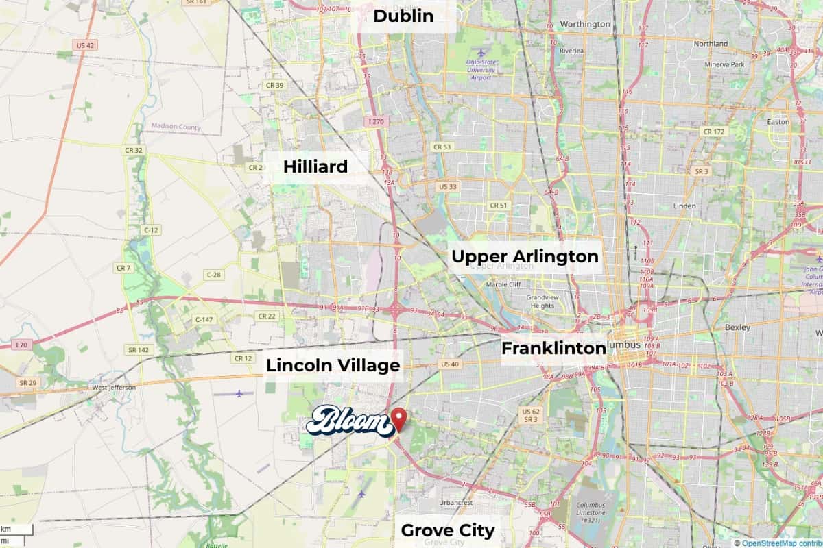 Map showing Bloom West Columbus Dispensary and nearby cities Dublin, Hilliard, Upper Arlington, Lincoln Village, Franklinton and Grove City