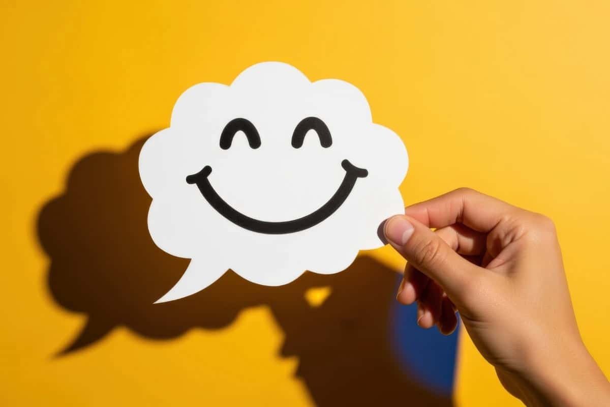 speech bubble cutout with a happy face indicating positive communication with Bloom corporate