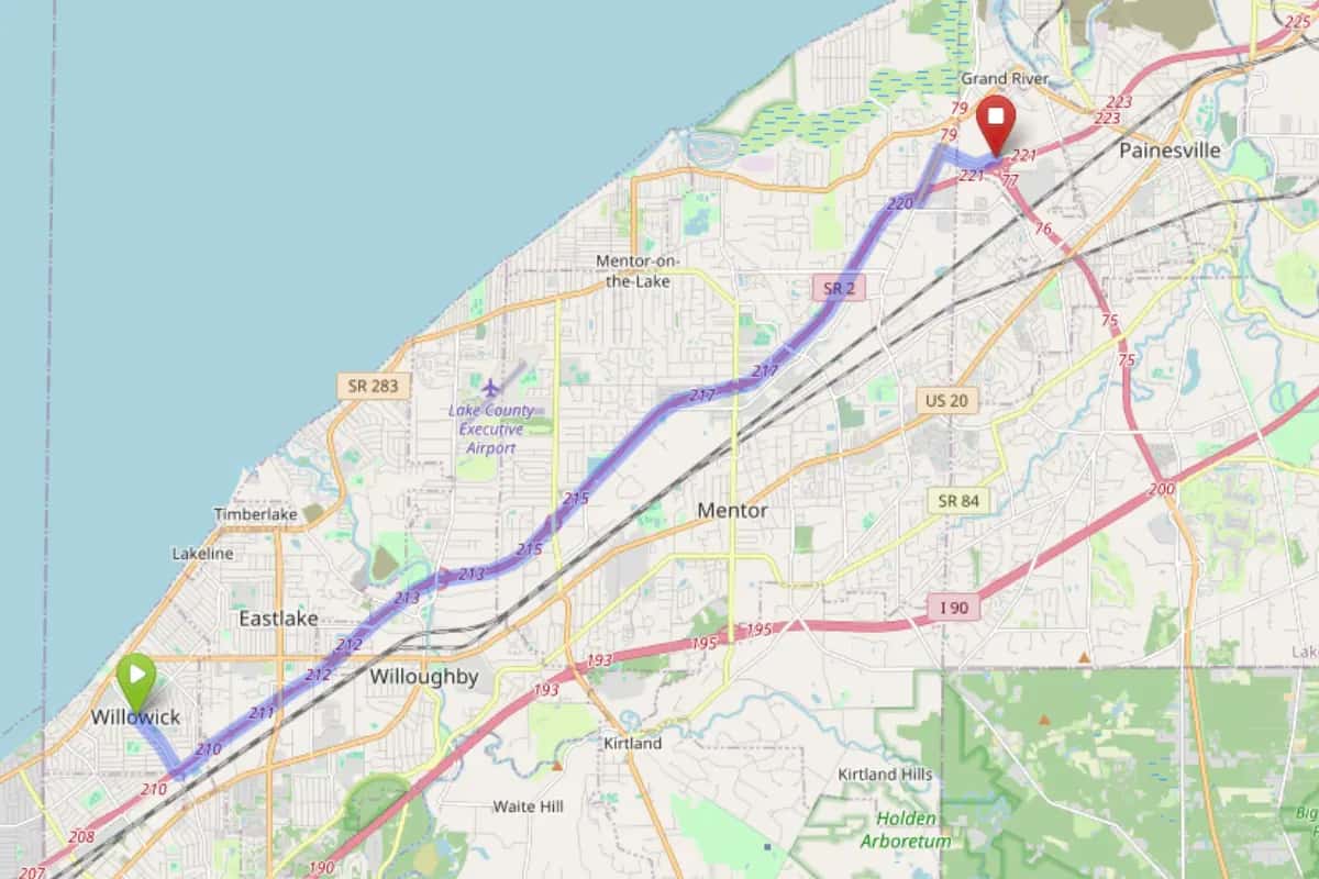 Map showing route from Willowick Ohio to Bloom Painesville Dispensary
