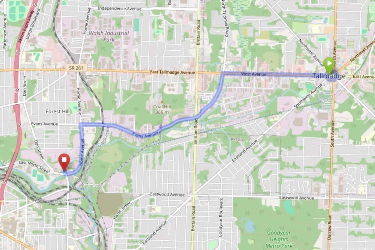 Map showing route from Tallmadge Ohio to Bloom Akron Dispensary