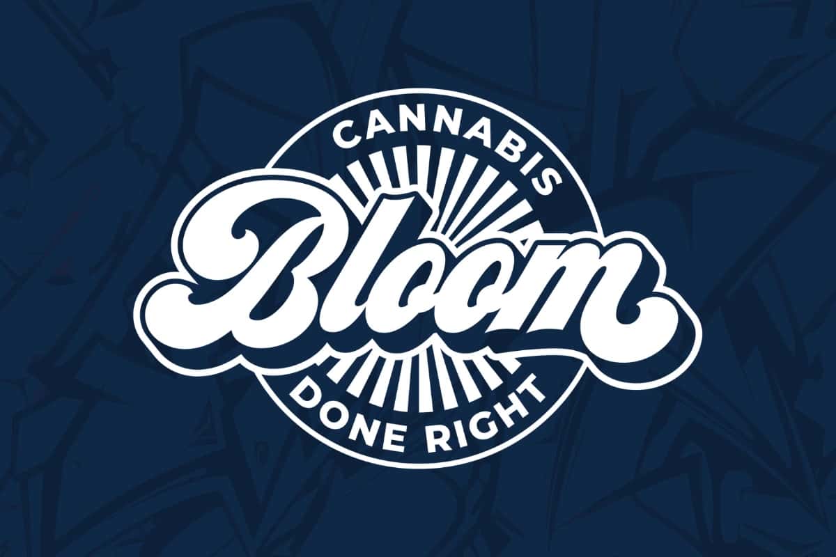 Bloom cannabis logo in white with blue background