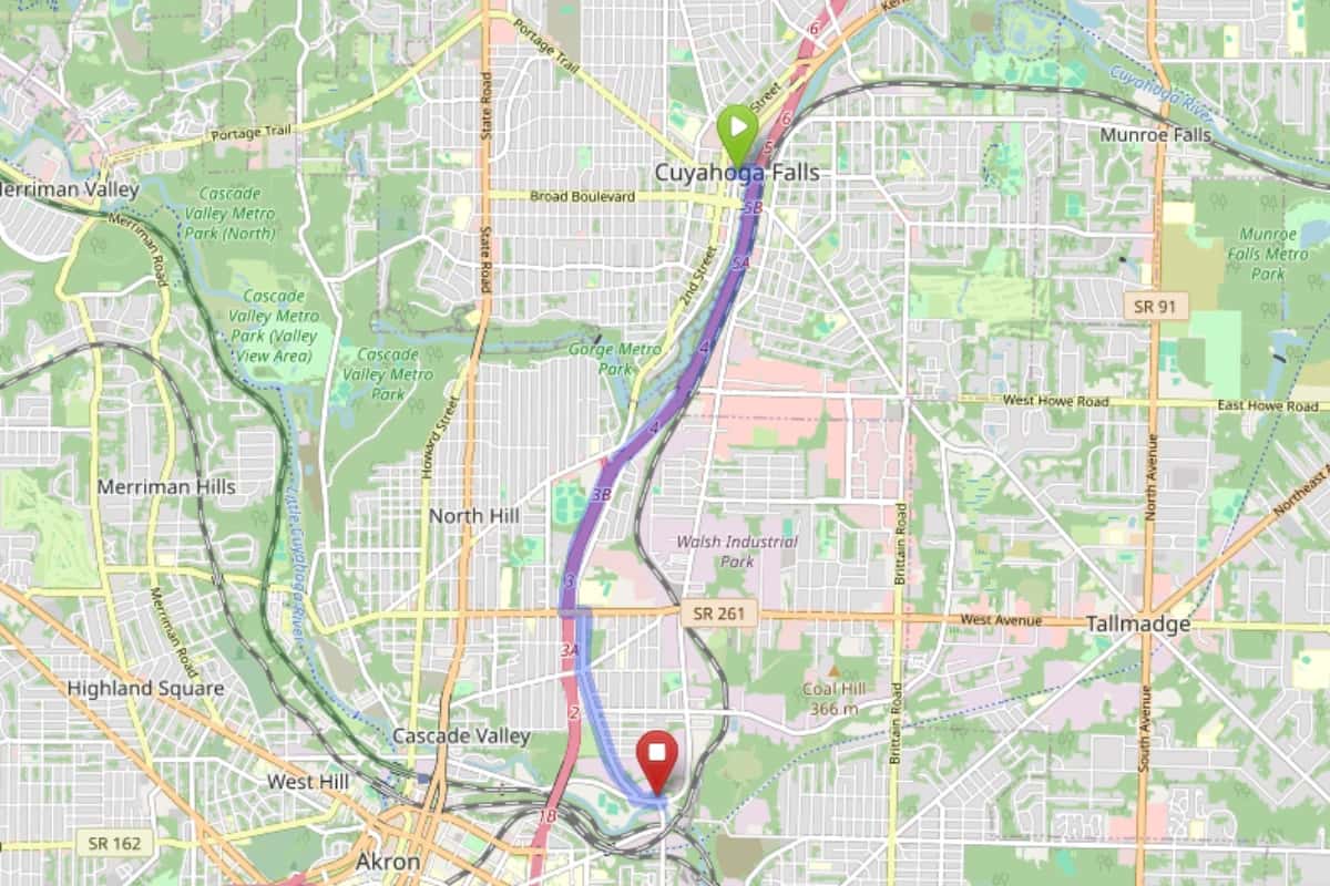 Map showing route from Cuyahoga Falls to Bloom Akron Dispensary
