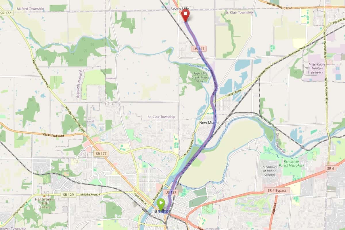 Map showing route from Hamilton Ohio to Bloom Seven Mile Dispensary