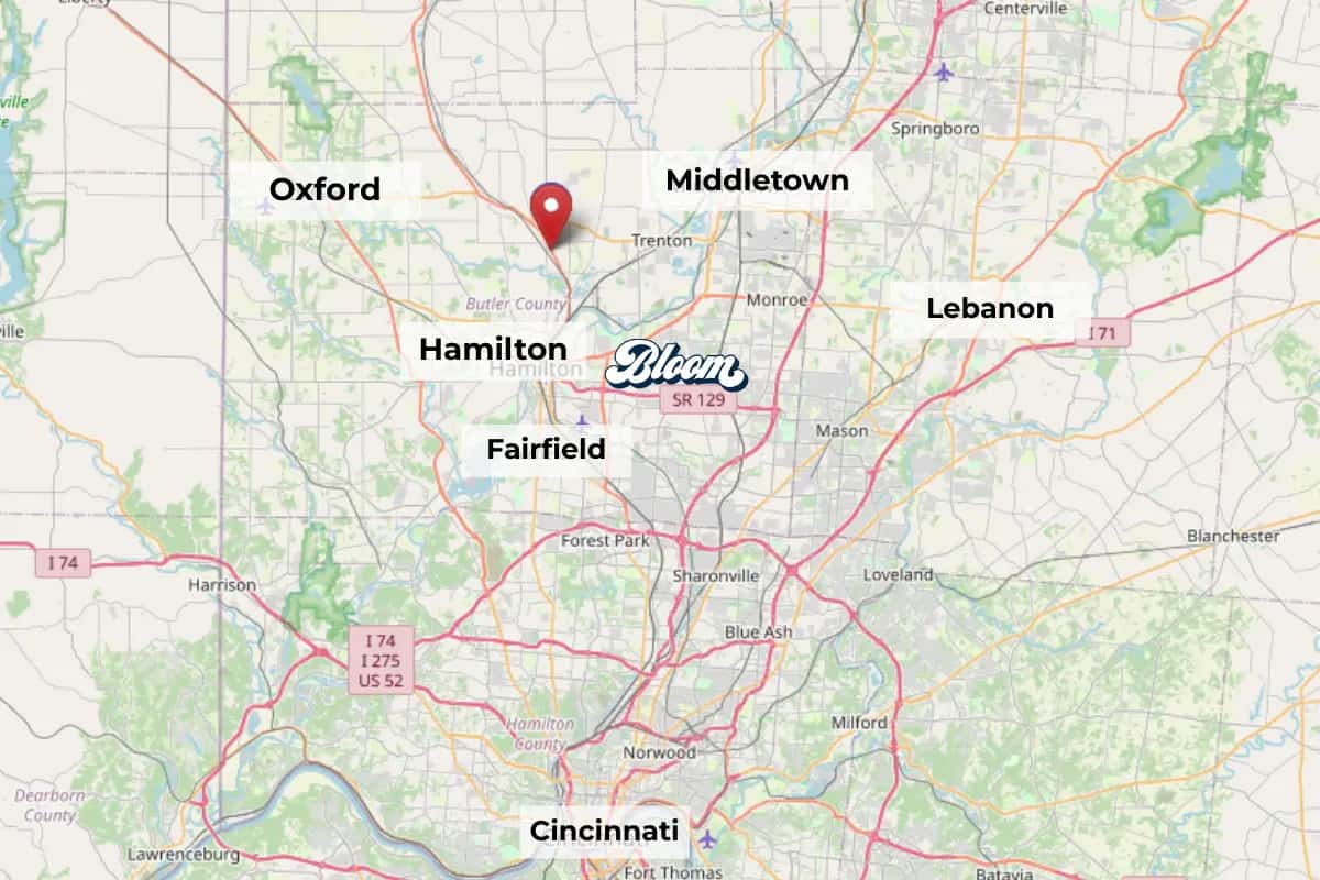 Map showing Bloom Seven Mile Dispensary and nearby cities Hamilton, Middletown, Fairfield, Lebanon, Oxford and Cincinnati