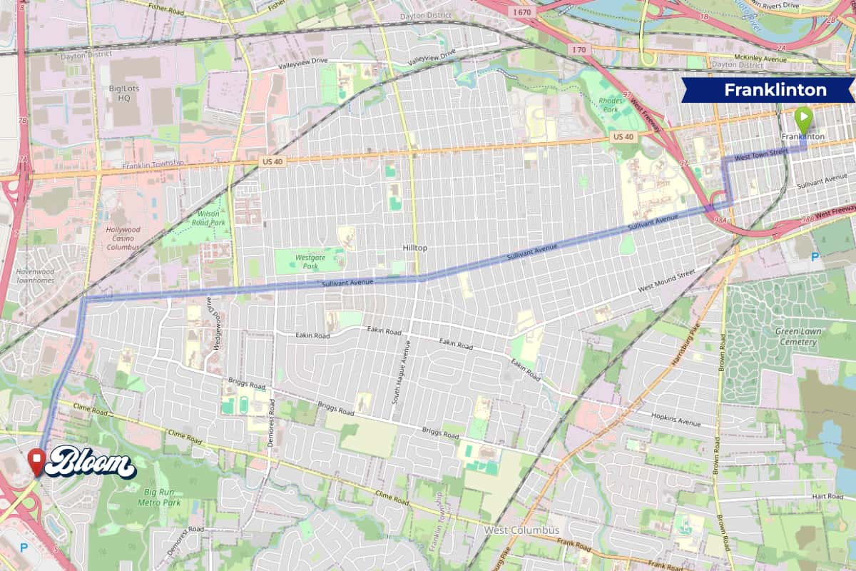 Map showing Franklinton, Ohio with a marker for the Bloom Columbus dispensary