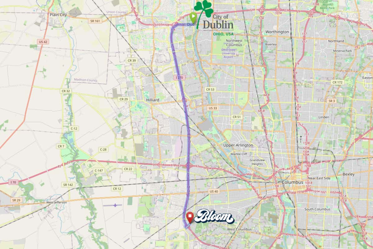 Map highlighting Dublin, Ohio and its proximity to Bloom Columbus dispensary on Georgesville Road