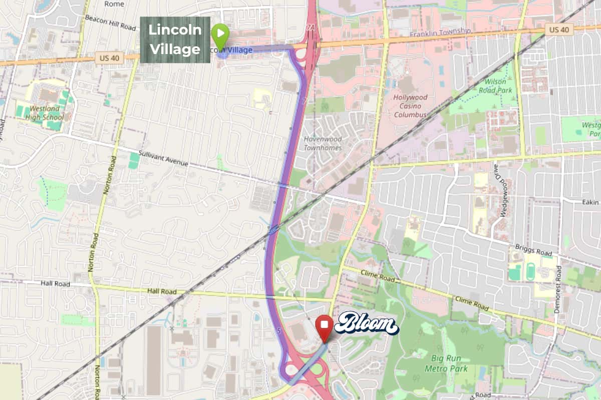 Map showing Lincoln Village, Ohio and the nearby Bloom Columbus dispensary