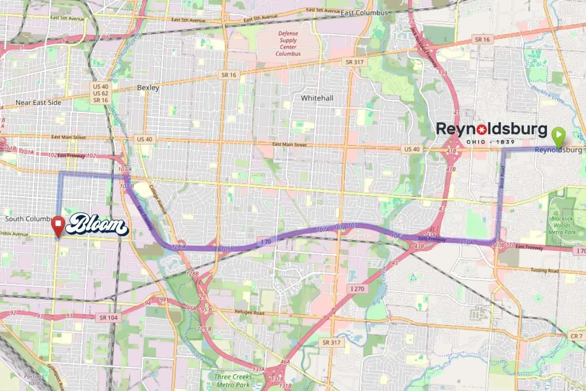 Map showing dispensary near Reynoldsburg Ohio Bloom South Columbus location