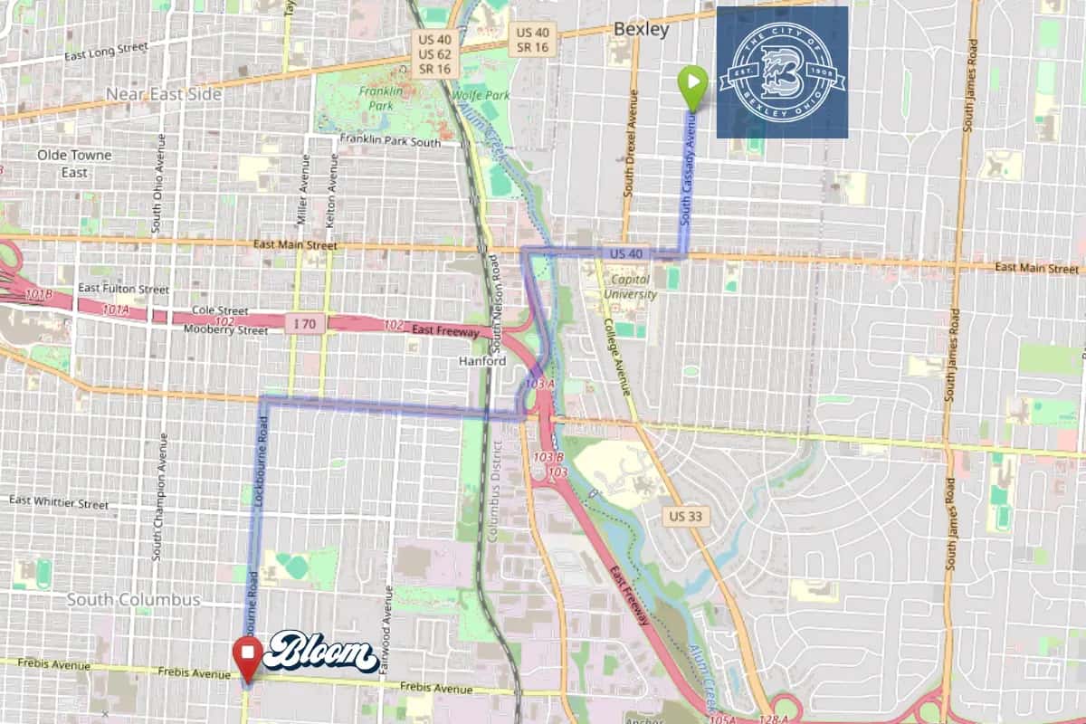 Map showing dispensary near Bexley Ohio Bloom South Columbus location