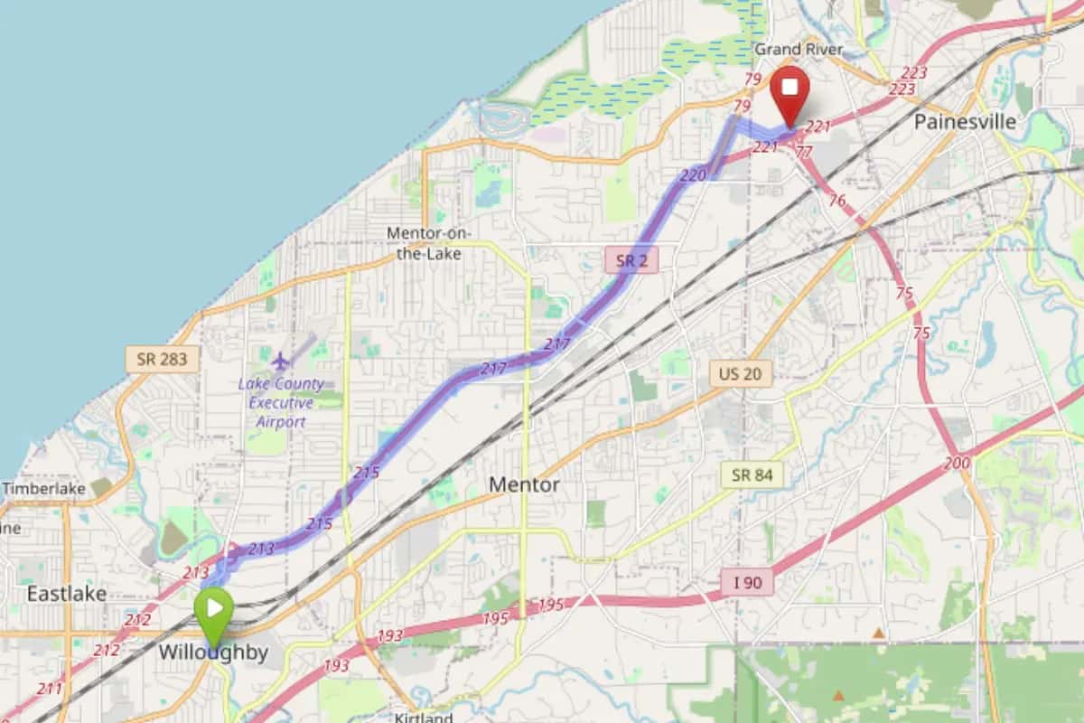 Map showing route from Willoughby Ohio to Bloom Painesville Dispensary