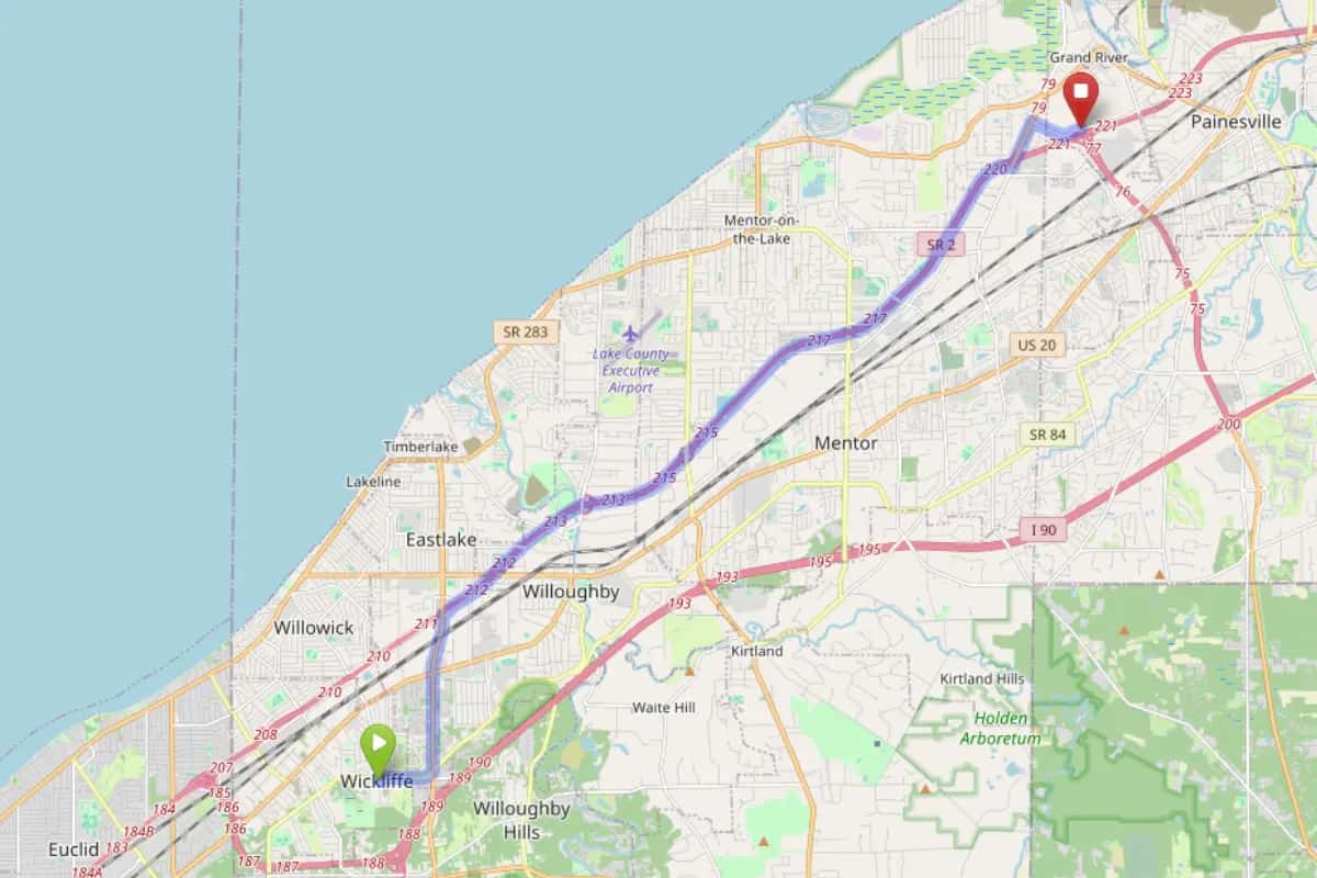 Map showing route from Wickliffe Ohio to Bloom Painesville Dispensary