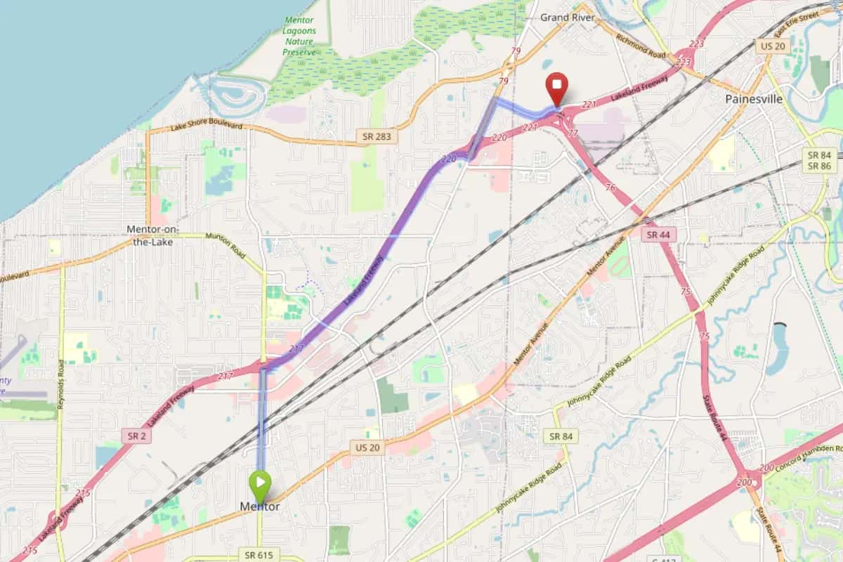 Map showing route from Mentor Ohio to Bloom Painesville Dispensary
