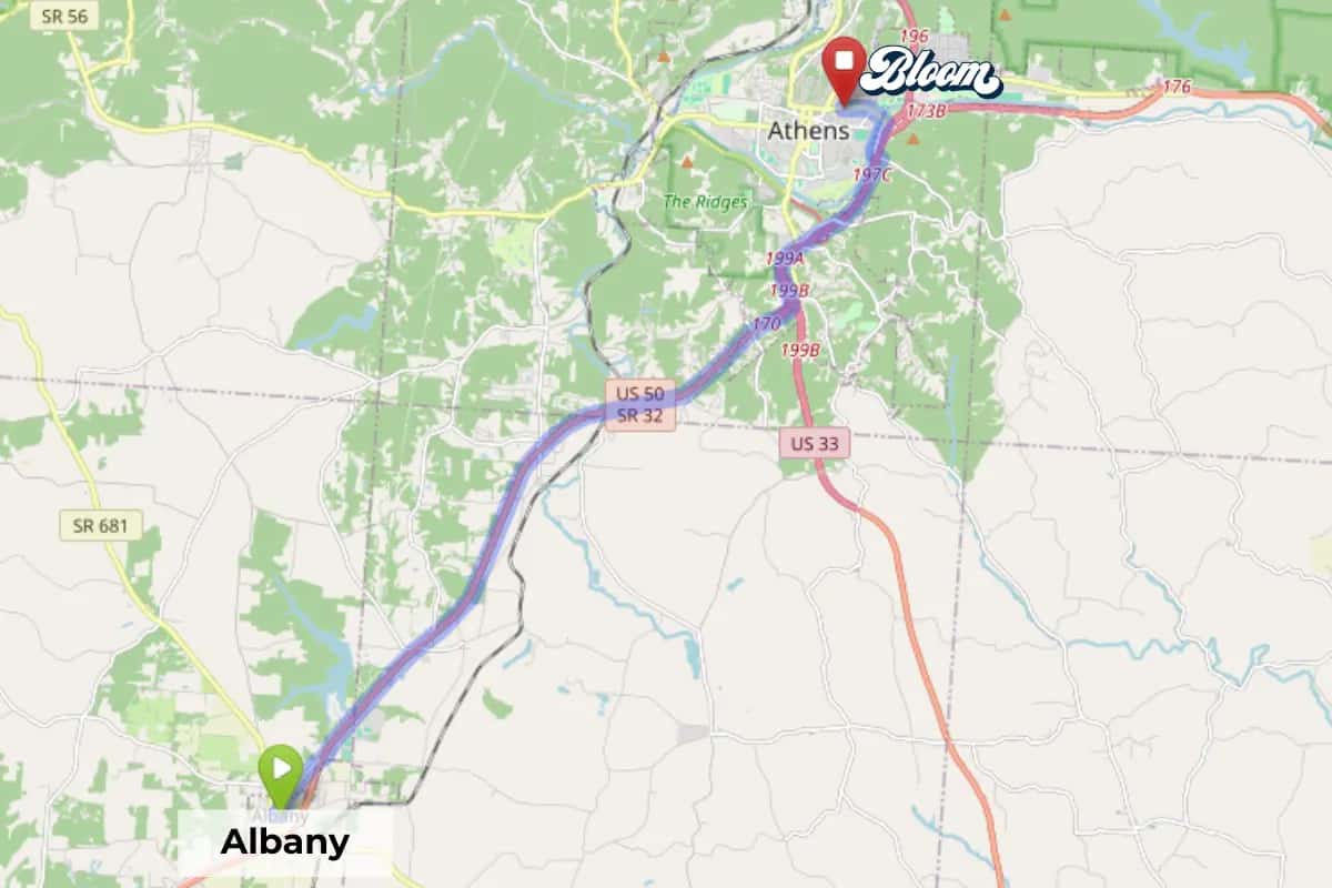 Map showing dispensary near Albany Ohio Bloom Athens area