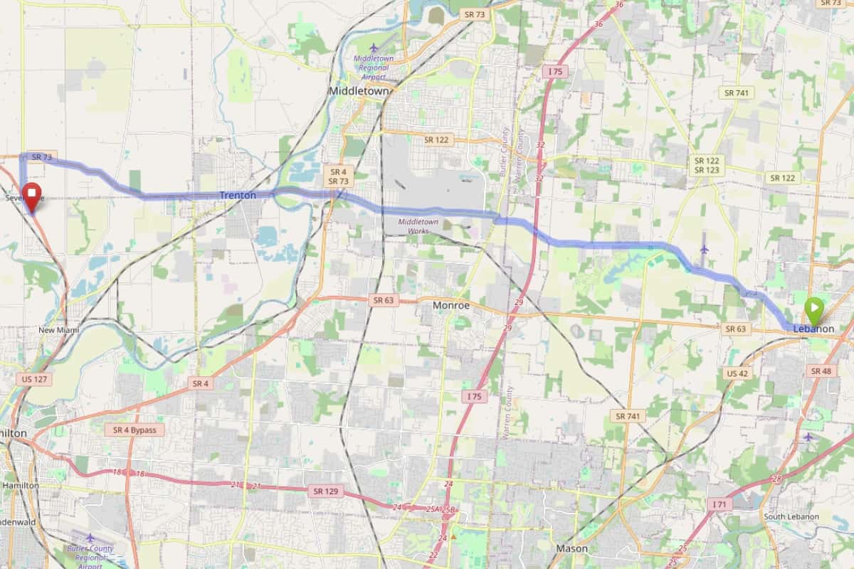 Map showing route from Lebanon Ohio to Bloom Seven Mile Dispensary