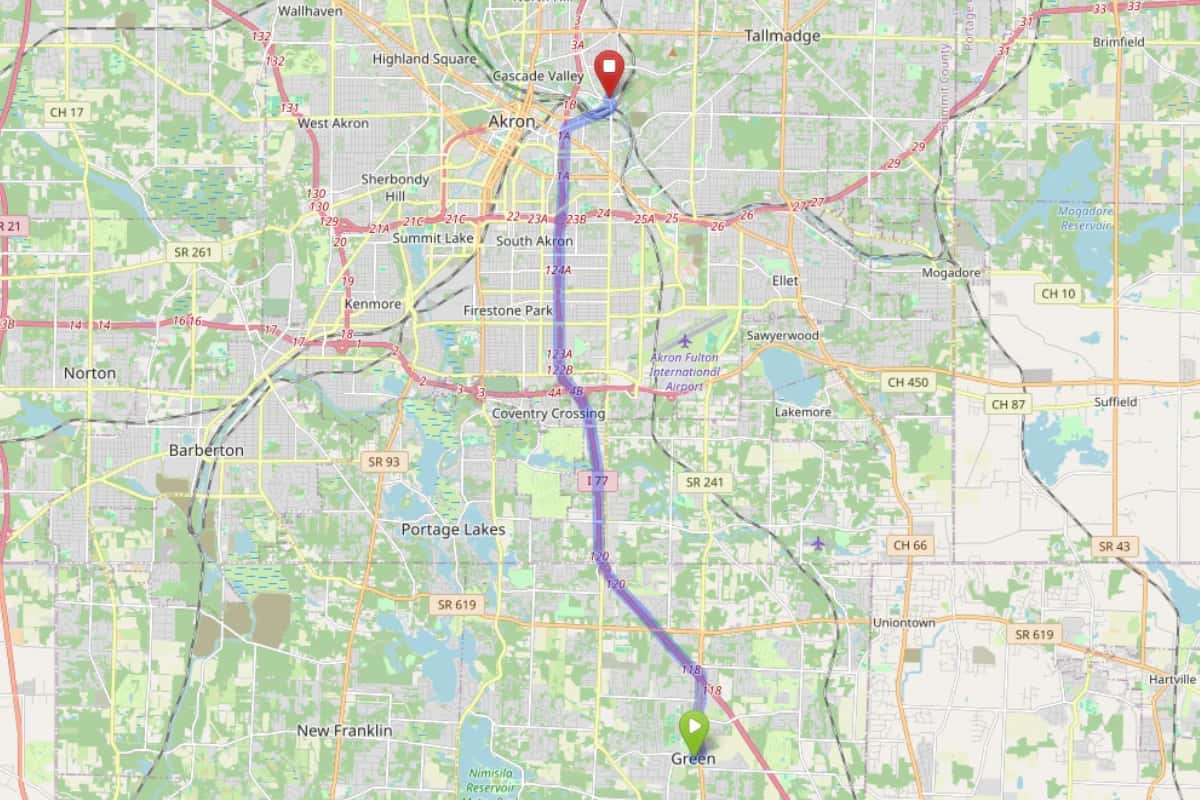 Map showing route from Green Ohio to Bloom Akron Dispensary