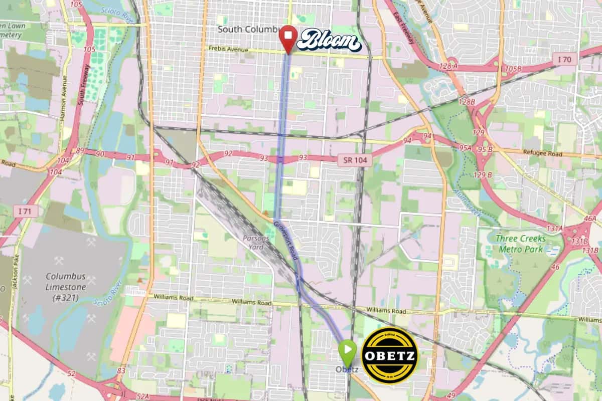 Map showing dispensary near Obetz Ohio Bloom South Columbus location