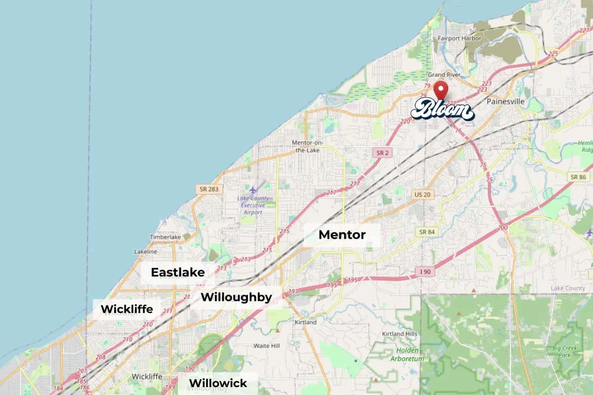 Map showing Bloom Painesville Dispensary and nearby cities Mentor, Willoughby, Eastlake, Willowick and Wickliffe