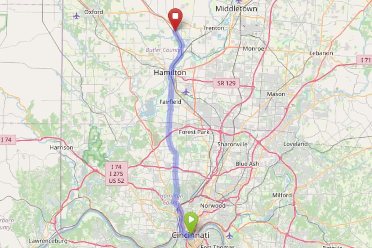 Map showing travel route from Cincinnati Ohio to Bloom Seven Mile Dispensary