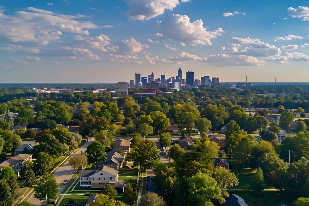 Aerial view of upper arlington a suburban neighborhood with tree-lined streets and the city of columbus, Ohio skyline in the distance under a partly cloudy sky.
