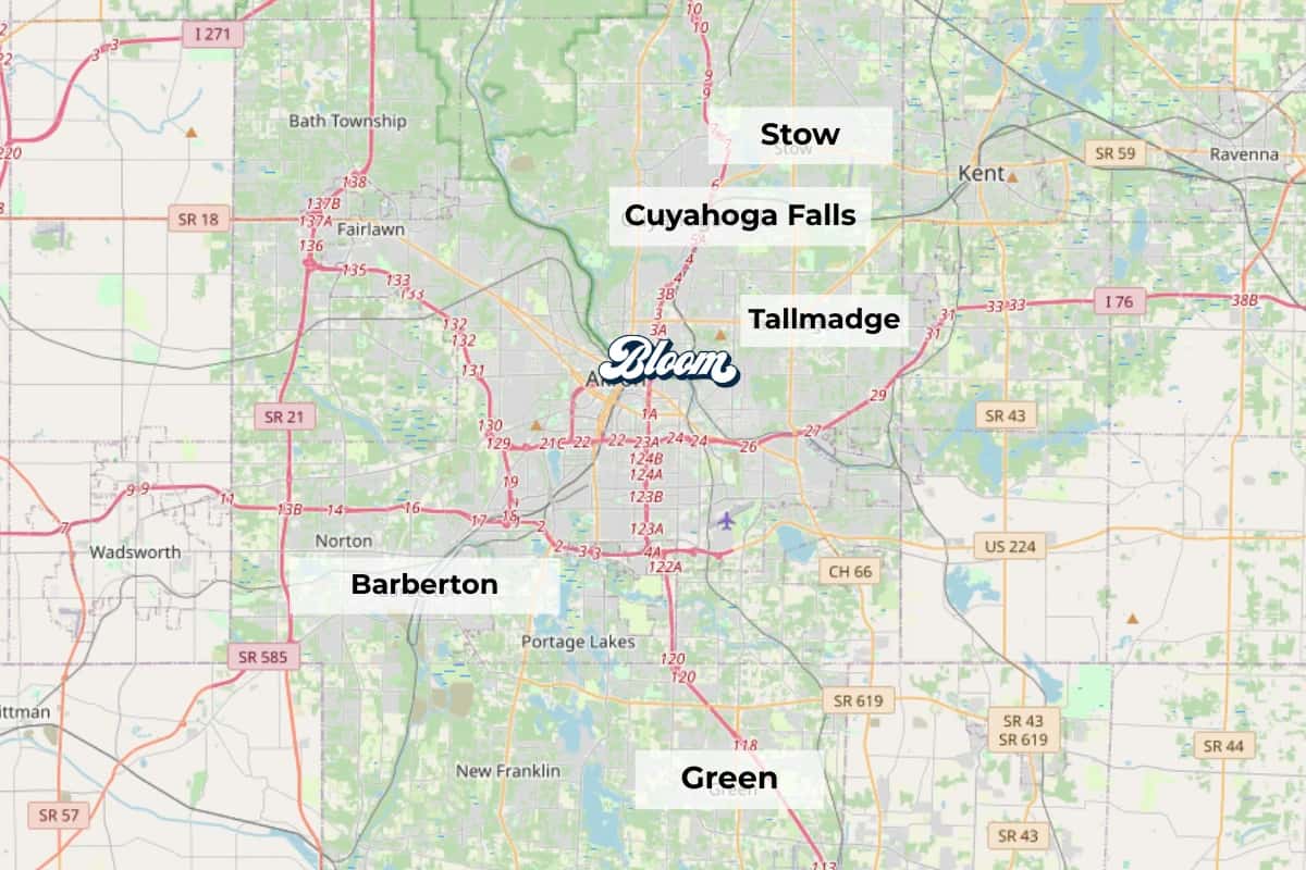 Map showing Bloom Akron Dispensary and nearby cities Cuyahoga Falls, Tallmadge, Barberton, Stow and Green