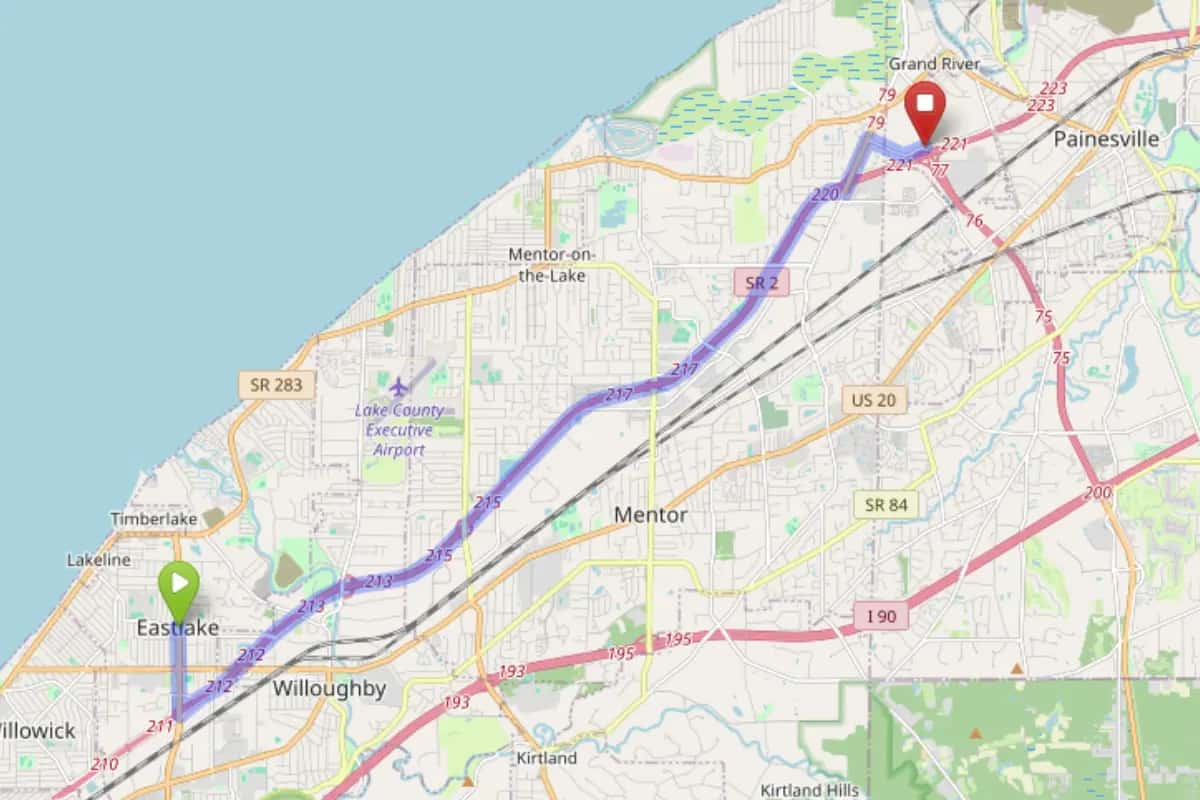 Map showing route from Eastlake Ohio to Bloom Painesville Dispensary