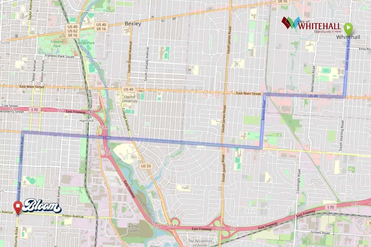 Map showing dispensary near Whitehall Ohio Bloom South Columbus location