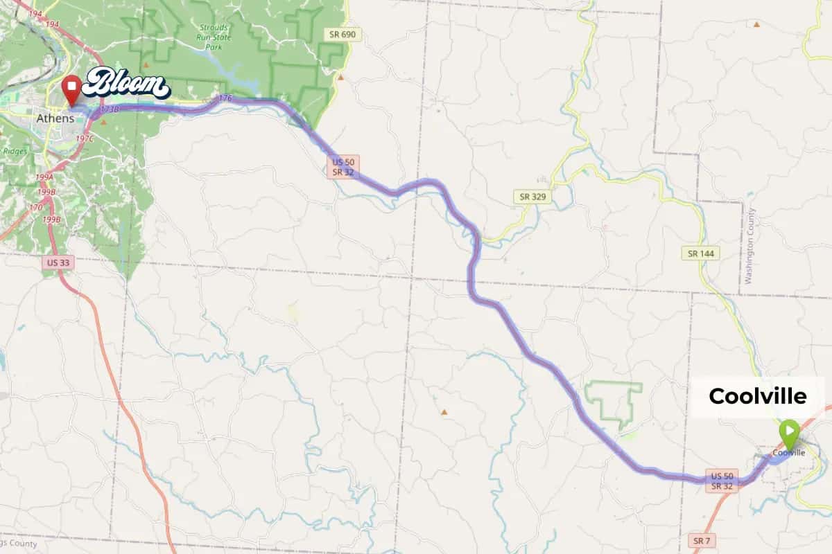 Map showing dispensary near Coolville Ohio Bloom Athens service area