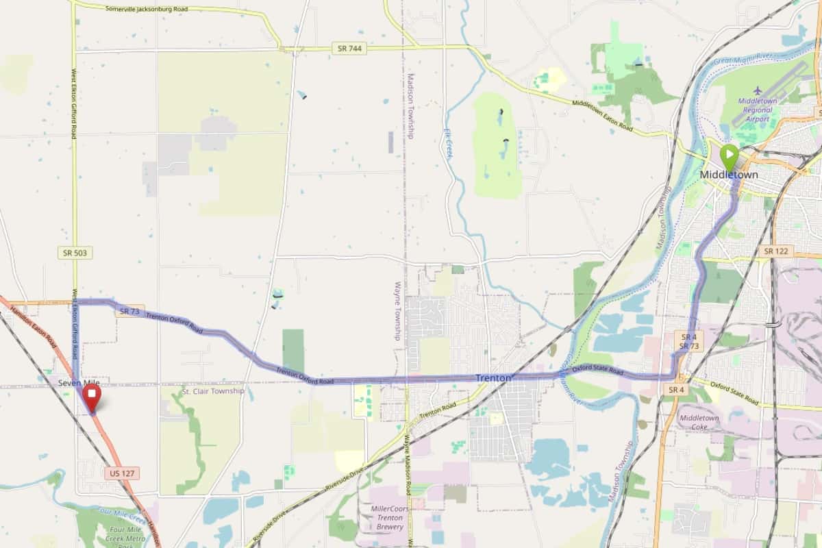 Map showing route from Middletown Ohio to Bloom Seven Mile Dispensary