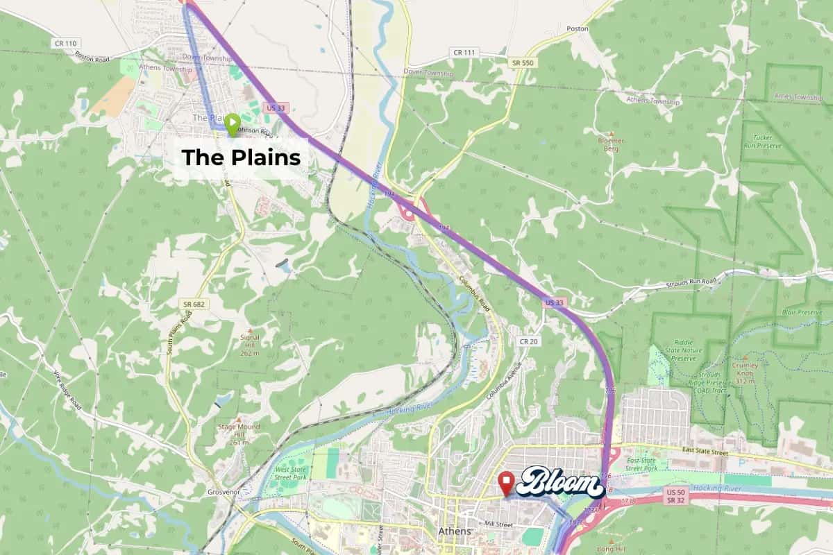 Map showing dispensary near The Plains Ohio Bloom Athens area