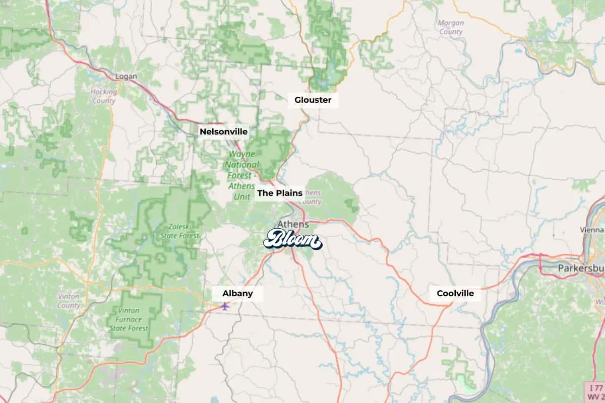 Map showing dispensaries near Athens Ohio including Nelsonville The Plains Albany Coolville and Glouster