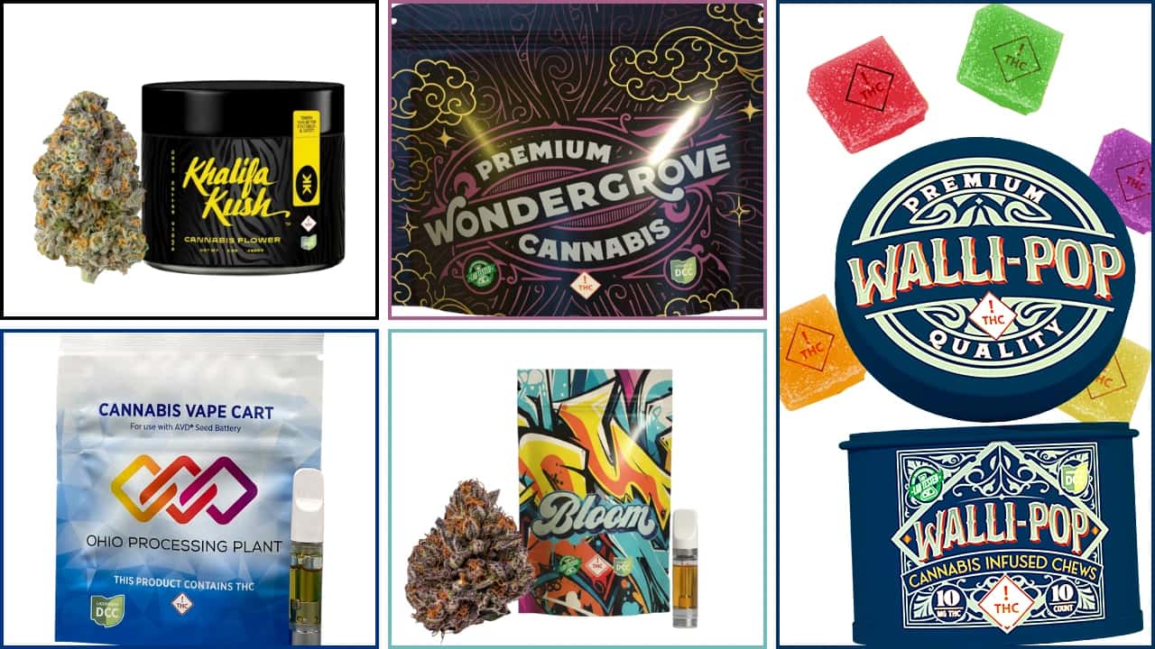 Assorted Ohio cannabis products including flower, vapes, and edibles