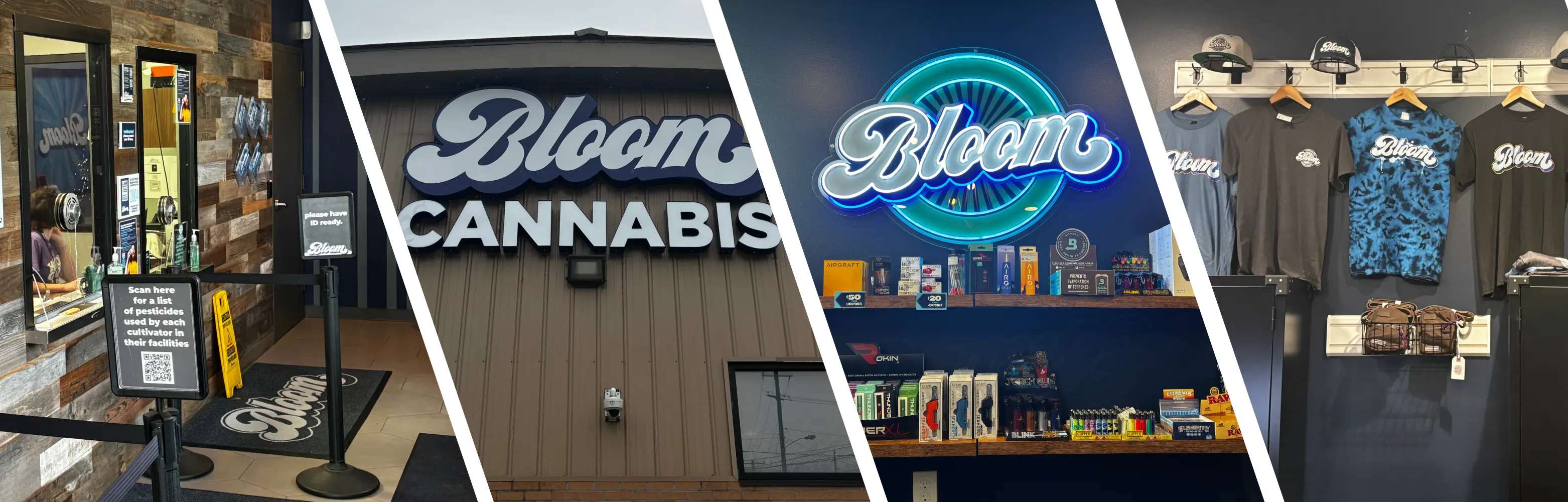 Four-panel view of Bloom Cannabis: entrance counter, exterior store sign, neon logo over product shelves, and branded apparel.