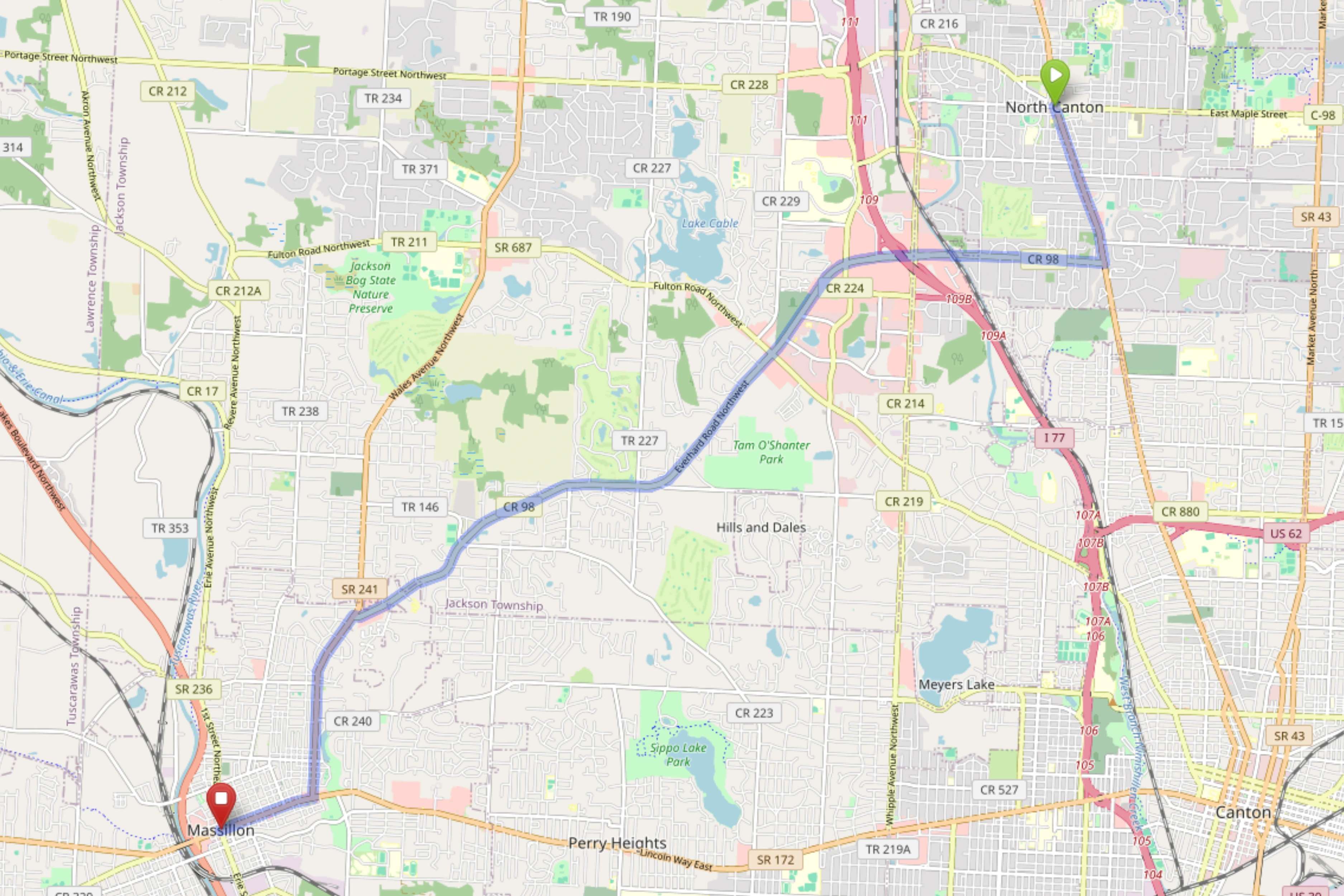 Map showing route from North Canton Ohio to Bloom Massillon Dispensary