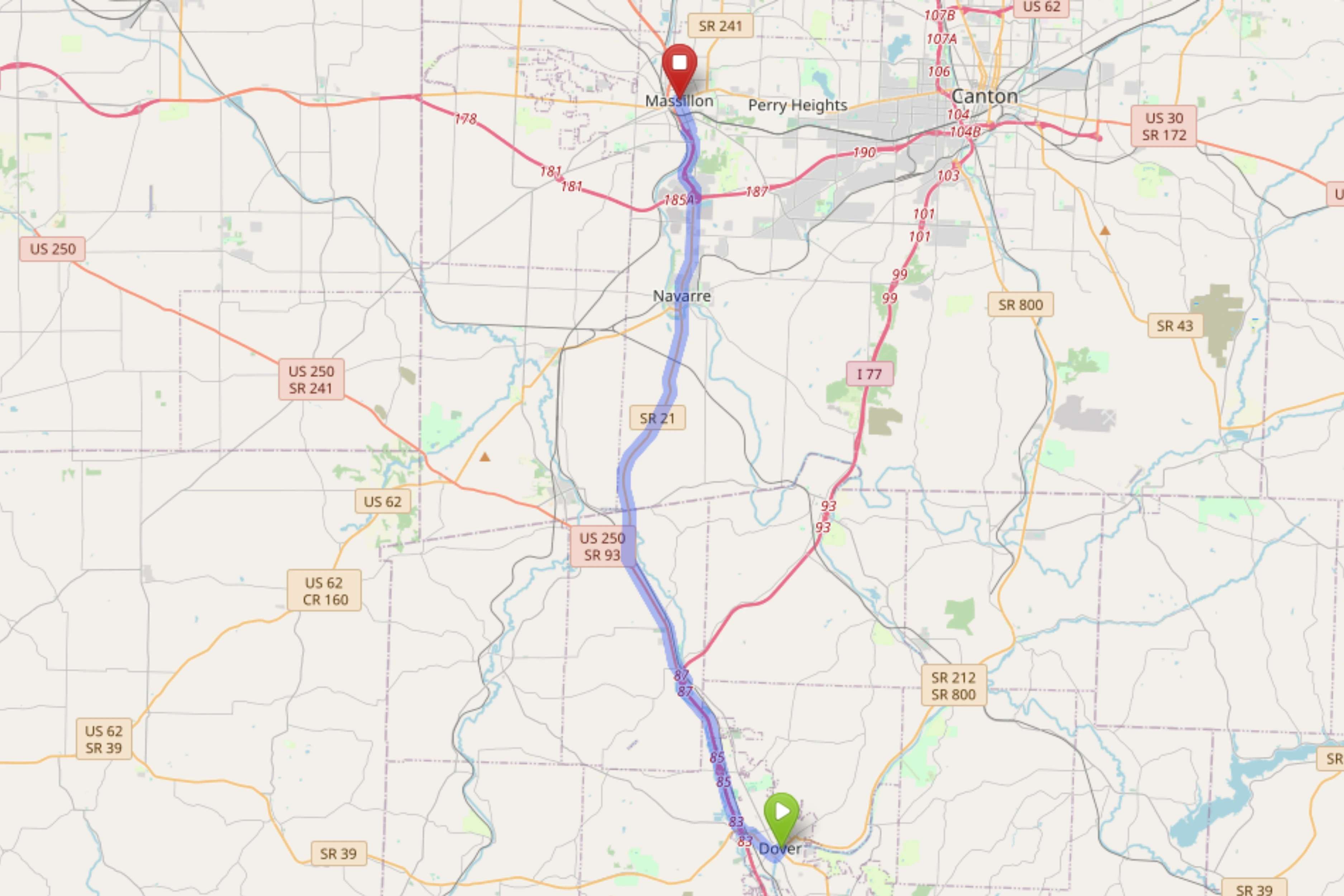 Map showing route from Dover Ohio to Bloom Massillon Dispensary
