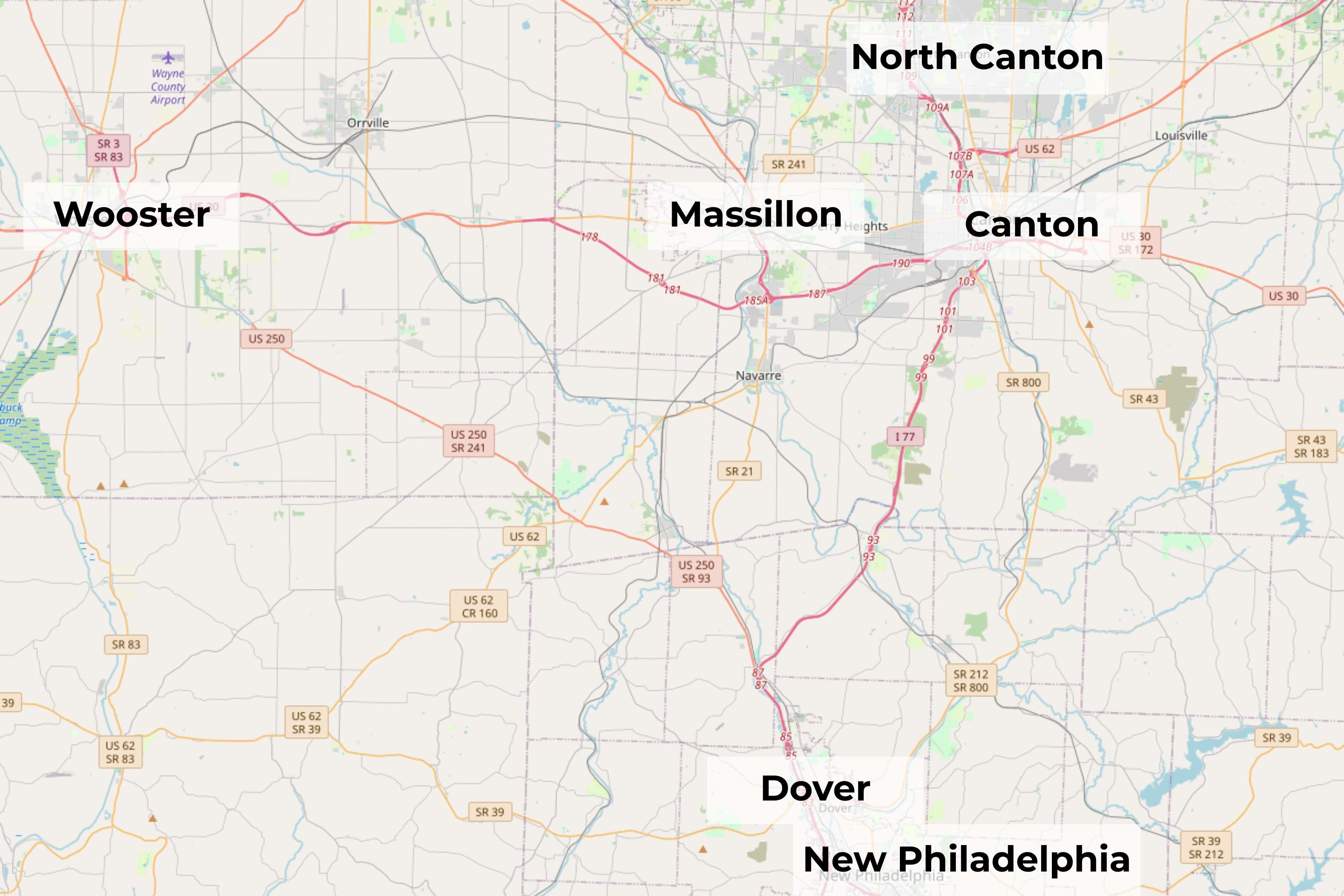 Map showing dispensaries near Massillon including Canton, North Canton, Wooster, Dover, New Philadelphia