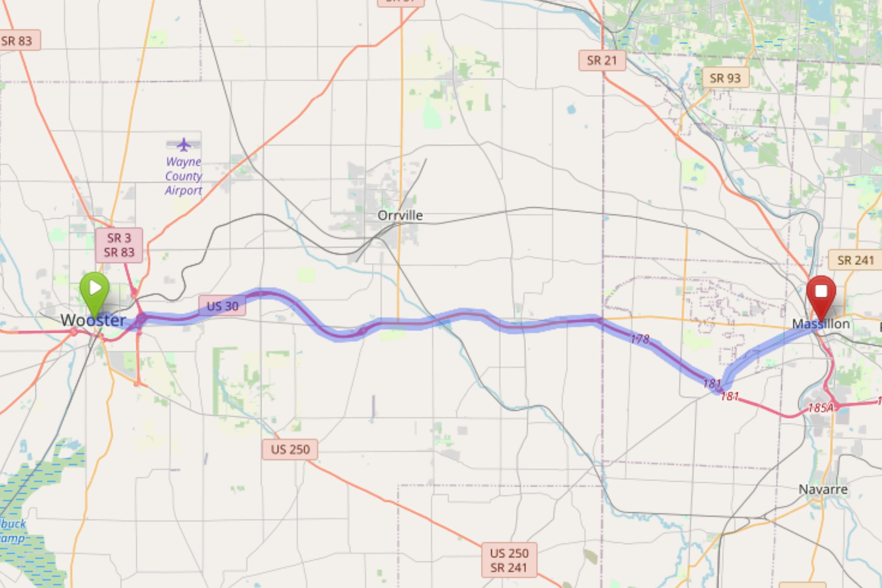 Map showing route from Wooster to Bloom Massillon Dispensary