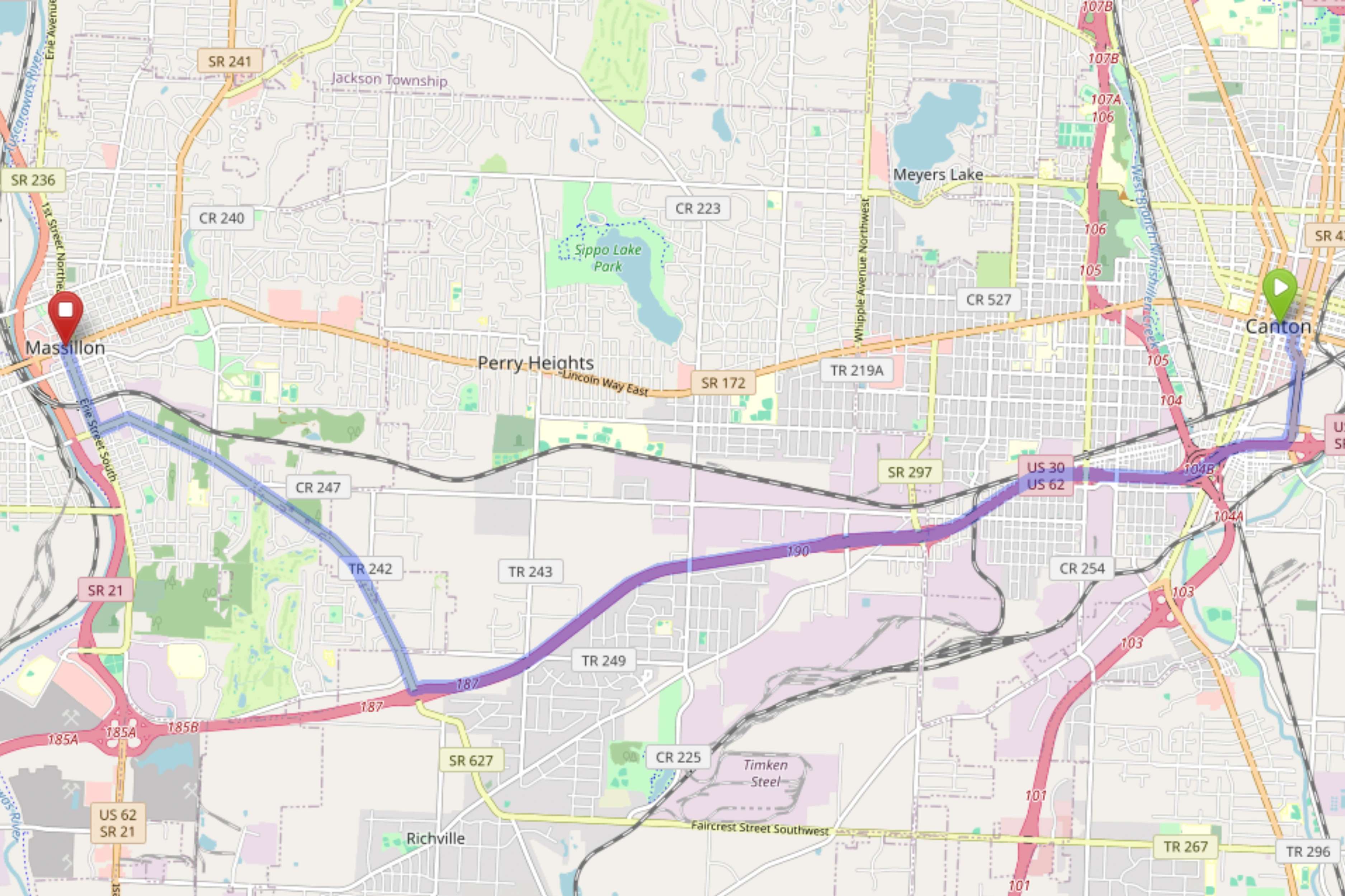 Map showing distance from Canton Ohio to Bloom Massillon Dispensary
