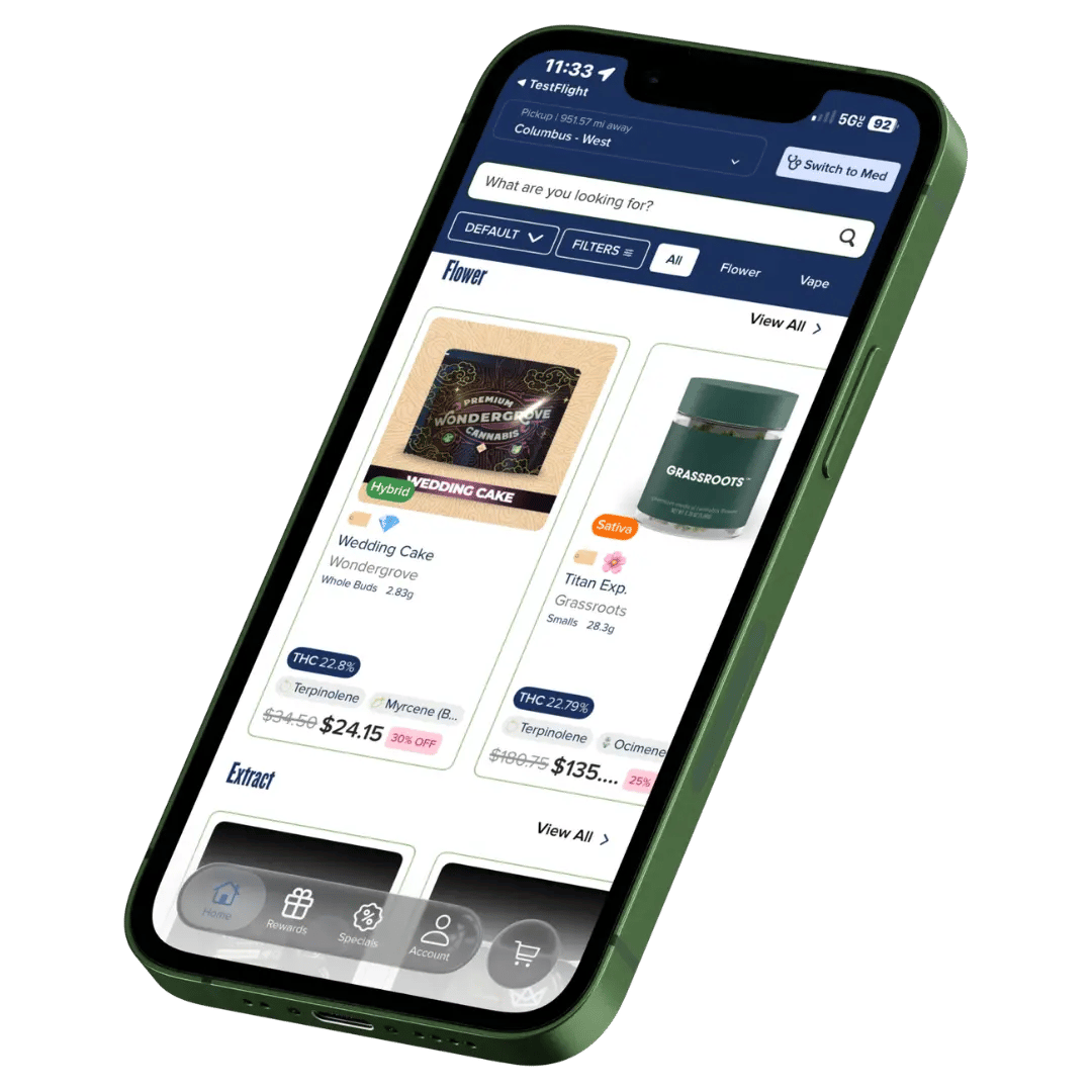 bloom dispensary app online ordering tab featuring flower strain products